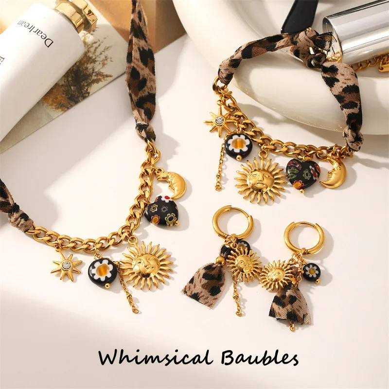 

New Metal Sun Heart Pendant Necklace Leopard Print Polyester Cloth Stainless Steel Bracelet Earrings for Women Jewelry Gift