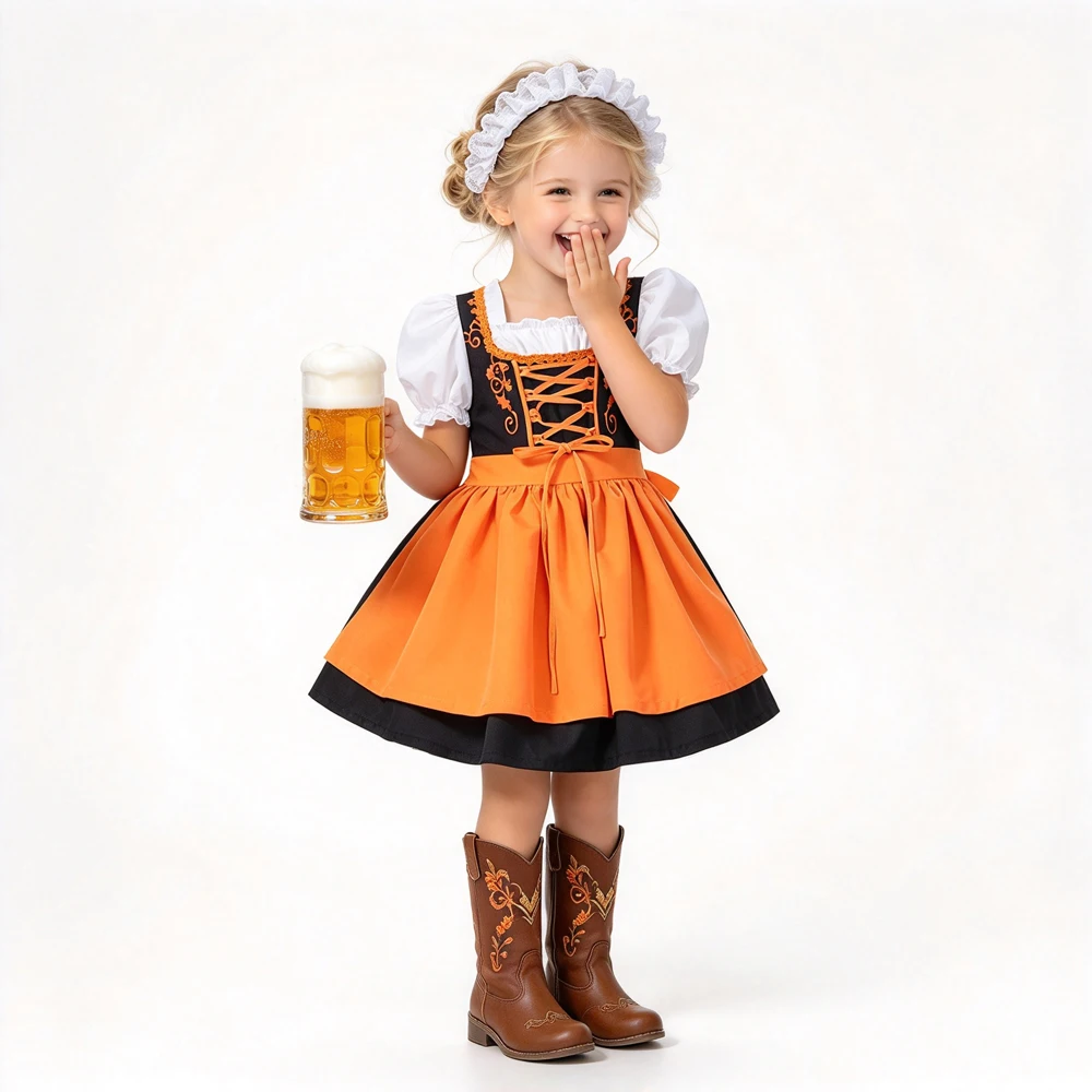 Girls Oktoberfest Dirndl Costume Bavarian Style Dress with Apron Kids German Beer Festival Dress Set Christmas Lolita Clothing
