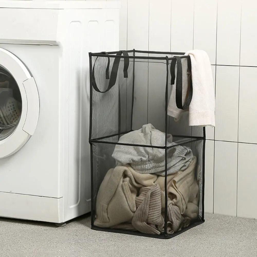 سلة غسيل شبكية ذات سعة كبيرة مربعة مع مقابض سلة تخزين الملابس القذرة طبقة واحدة/مزدوجة #3