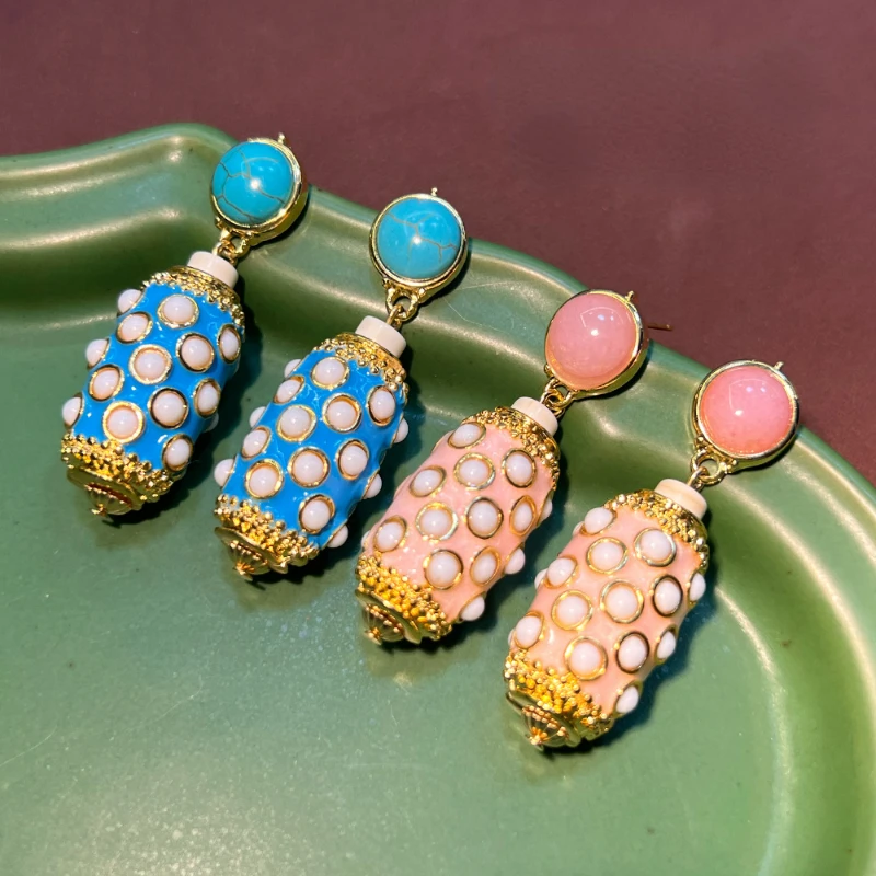 Original Design Medieval Glass Turquoise Rouge Powder Jewel Earrings Senior Luxury Women's Banquet Jewelry Accessories