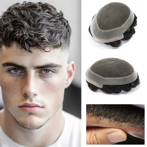 Comfortable Swiss Lace With Pu Australia Toupee For Men Middle Lace With Around PU Wigs Male Natural Edge Hair Prosthsis Men Wig