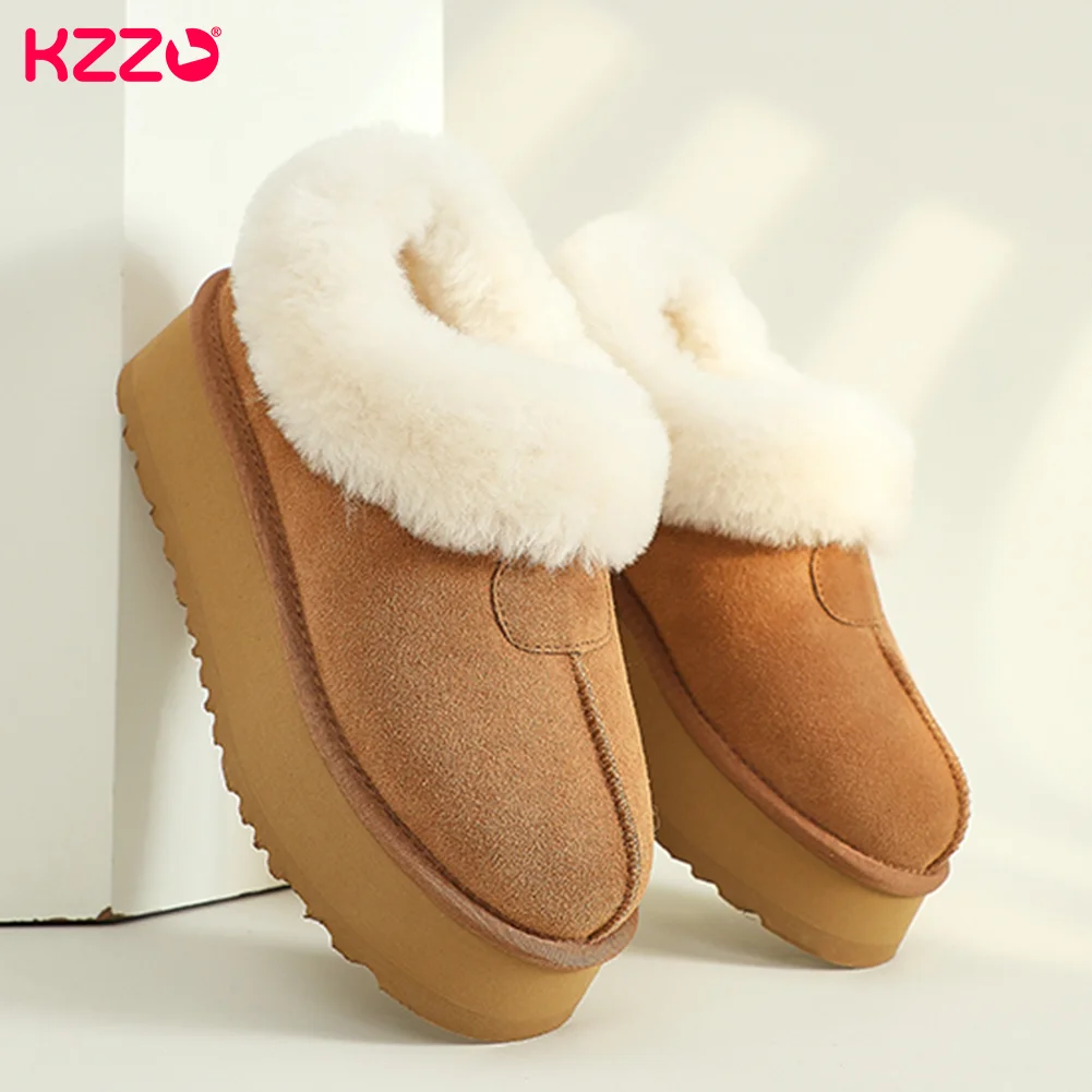 KZZO Fashion Ultra Mini Platform Snow Boots Australia Genuine Leather Women Wool Fur Ankle Thick Sole Winter Warm Shoes Maroon