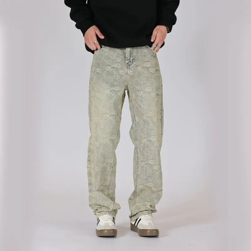 

Trendy Loose Fit Vintage Washed Jeans with Waist Buckle and Flower Pattern for Men