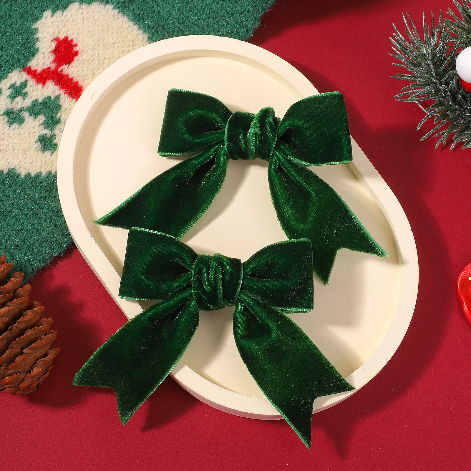 2 uds cinta de terciopelo navideña lazos pinzas para el cabello para niñas Retro rojo verde horquilla hecha a mano accesorios para el cabello de Año Nuevo