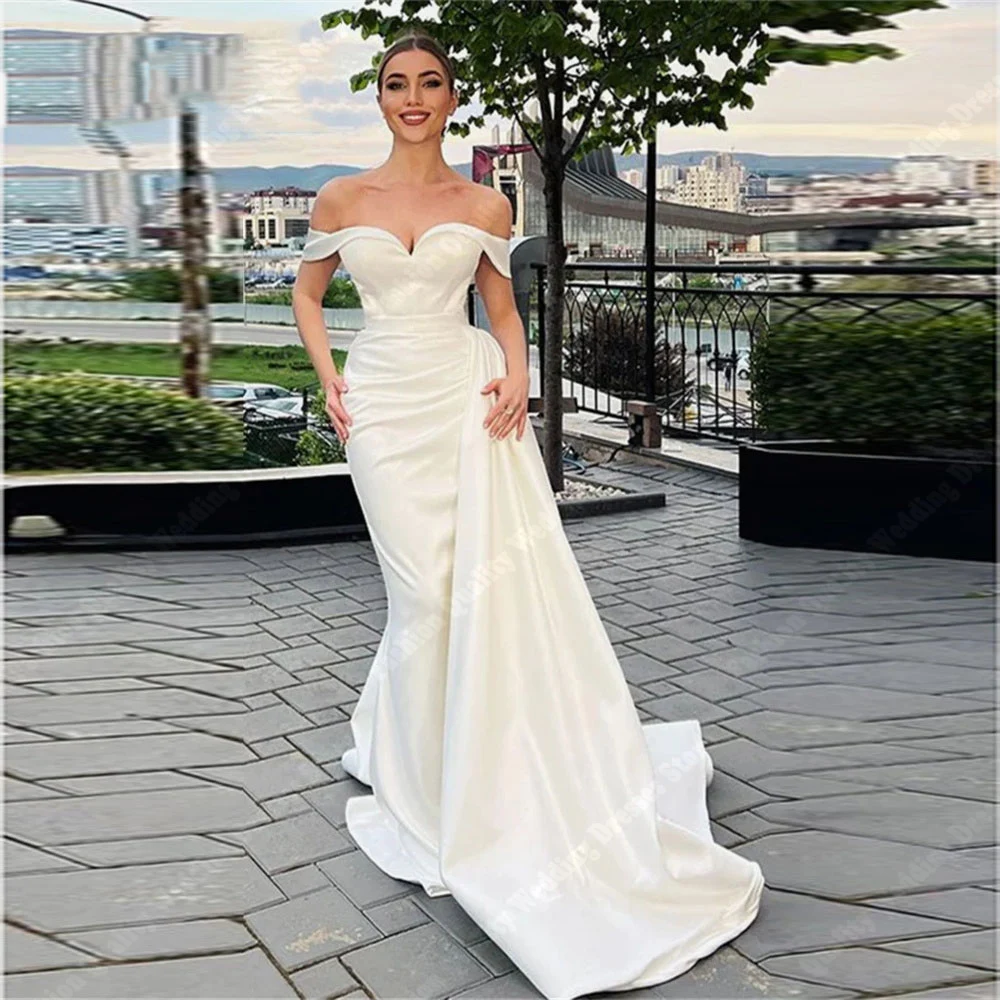 Elegant White Mermaid Women Wedding Dresses Sexy Glittle Satin Surface Bride Gowns Off The Shoulder Backless Vestidos De Noivas