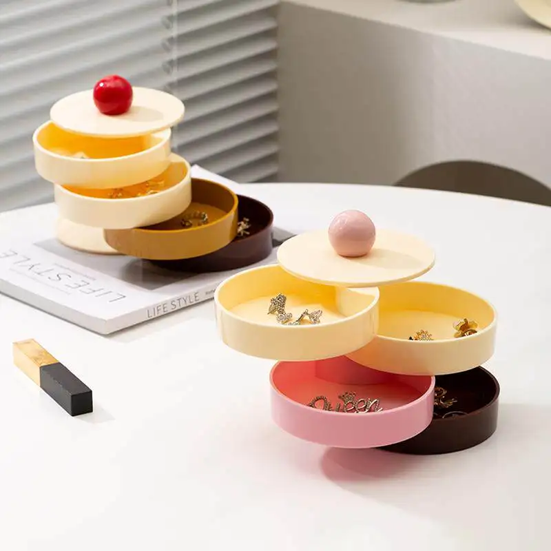 Dopamine Four-layer Rotating Jewelry Box 2026 New Household High Aesthetic Round Storage Boxes Nordic Style Desktop Storage Box