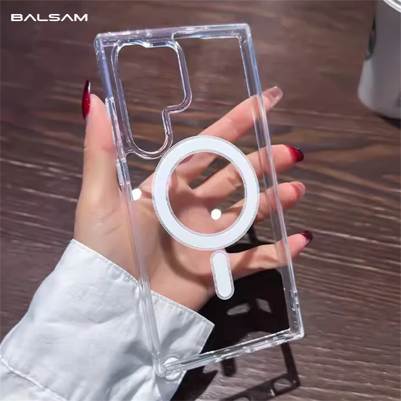 Luksusowe magnetyczne etui MagSafe do ładowania bezprzewodowego Samsung Galaxy S25 S24 S23 S21 FE S22 Plus Ultra wstrząsoodporne przezroczyste akrylowe etui