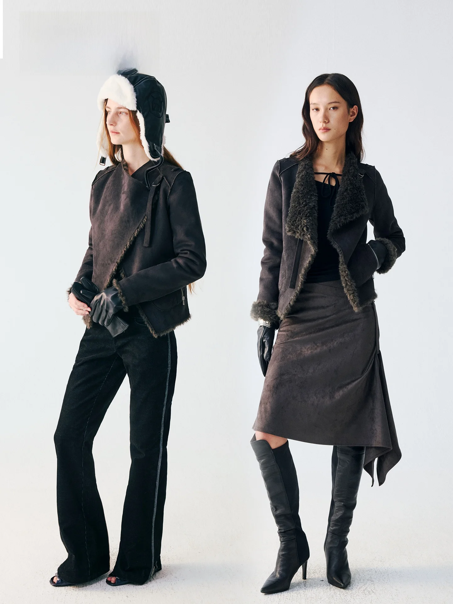 

Женское пальто High River 25aw Cleanfit с длинными рукавами, на молнии, из полиэфирного волокна, двустороннее, с мехом и кожаными вставками