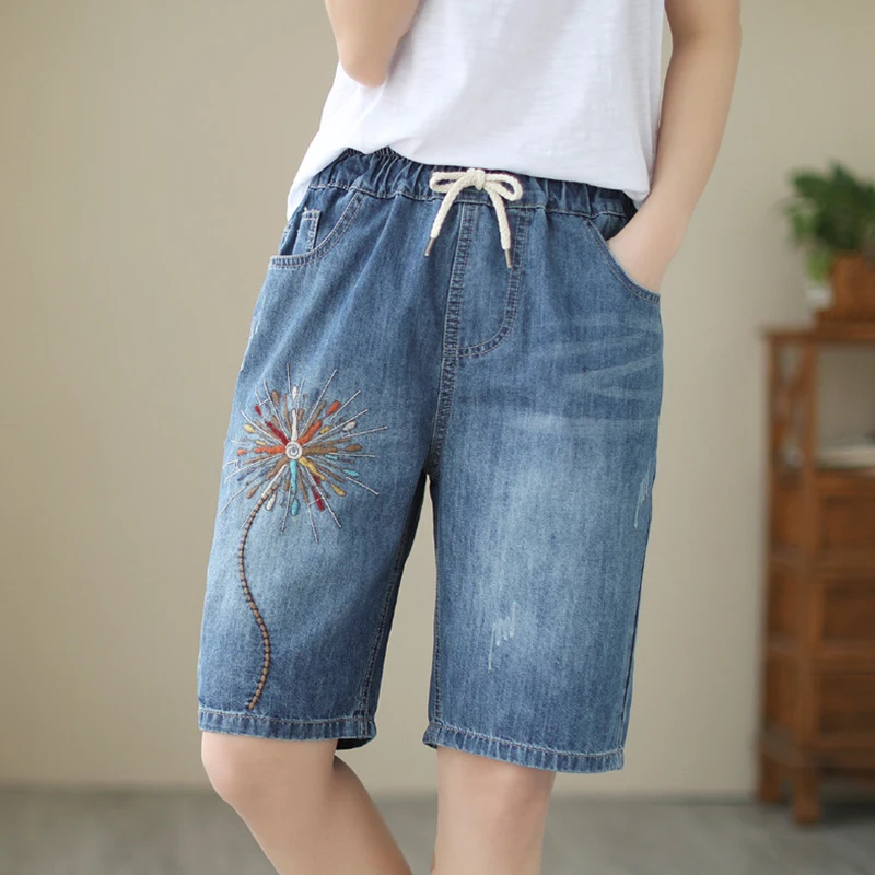 

New Summer Korean Version Women Elastic Waist Lace-up Embroidered Denim Shorts Blue Color Female Kawaii Straight Leg Shorts U281