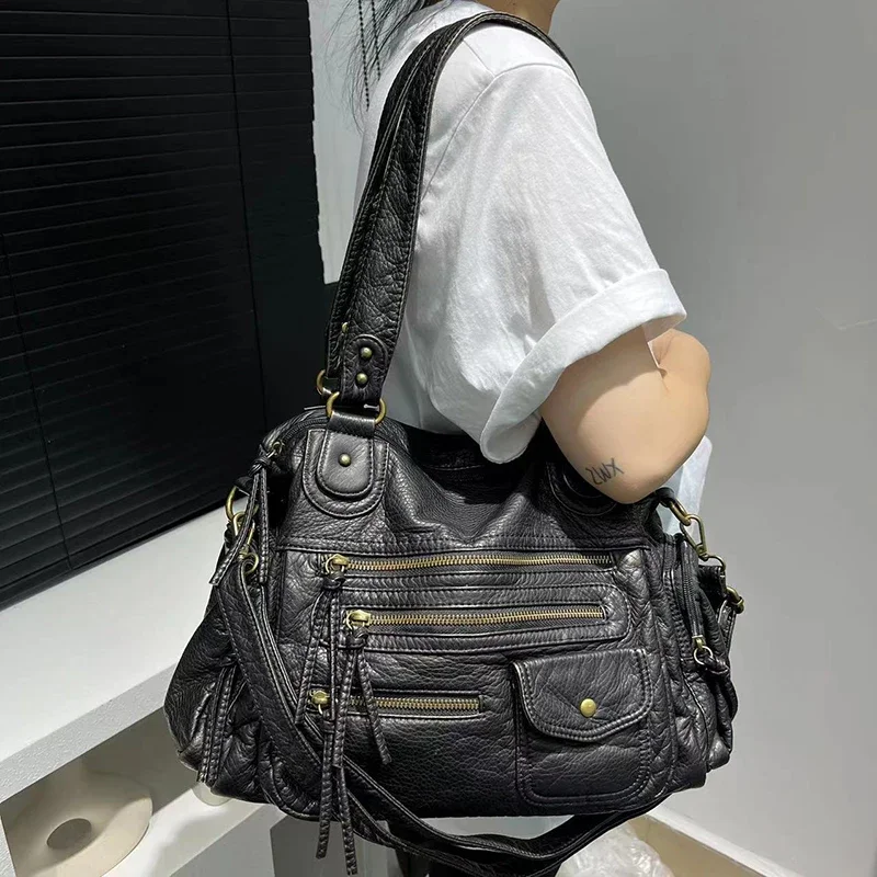 

Vintage Women Unisex Brush-off Color Washed PU Vegan Leather Zip Pockets Shoulder Cross body Bag Large Retro Casual Daily Travel