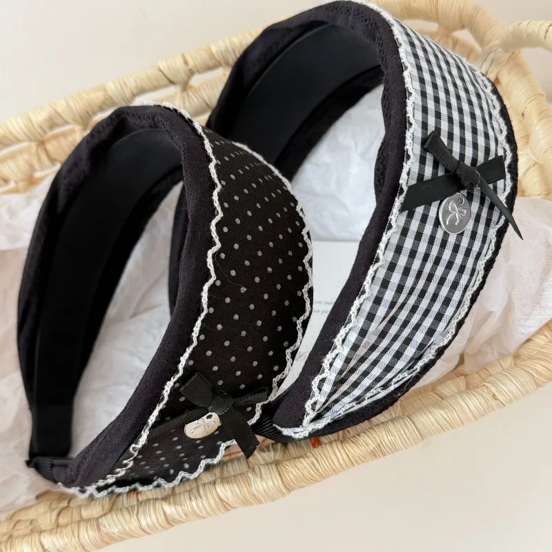 

Wide Hair Band Black White Bow Lace Plaid Polka Dot Sweet Korean Style Soft Comfortable Non Binding Headband for Women Girls