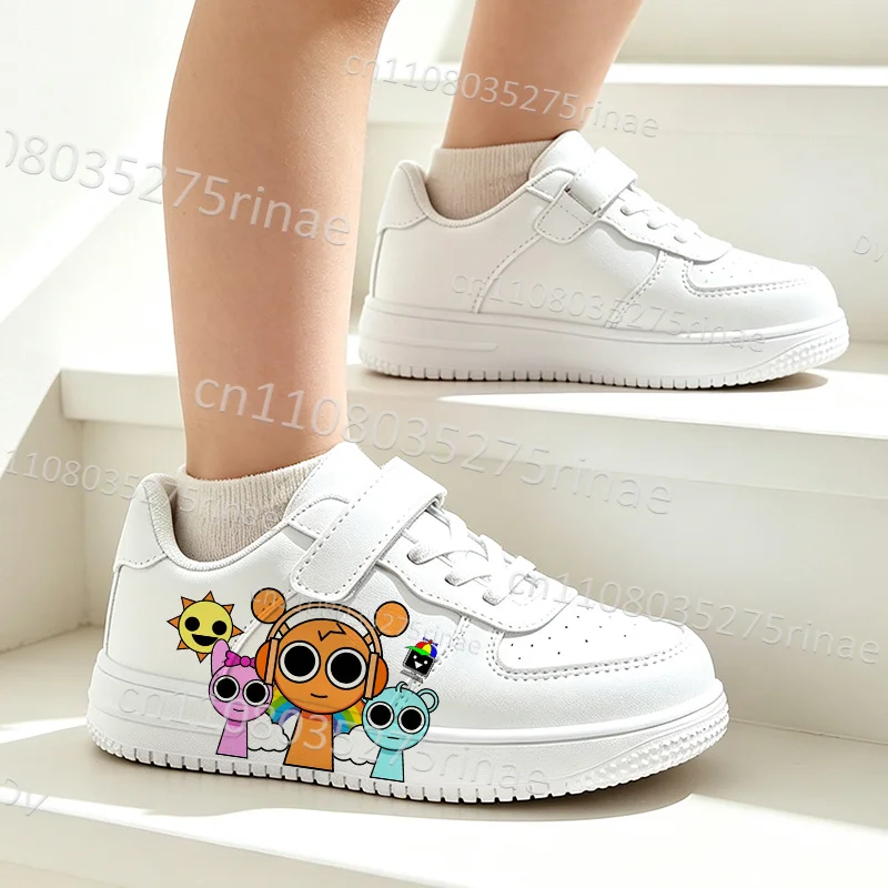 2027 S-Sprunkis Boys Girls Flat White Board Shoes Cartoon Creature Graphic Print Lightweight Kids Daily Wear Sneakers