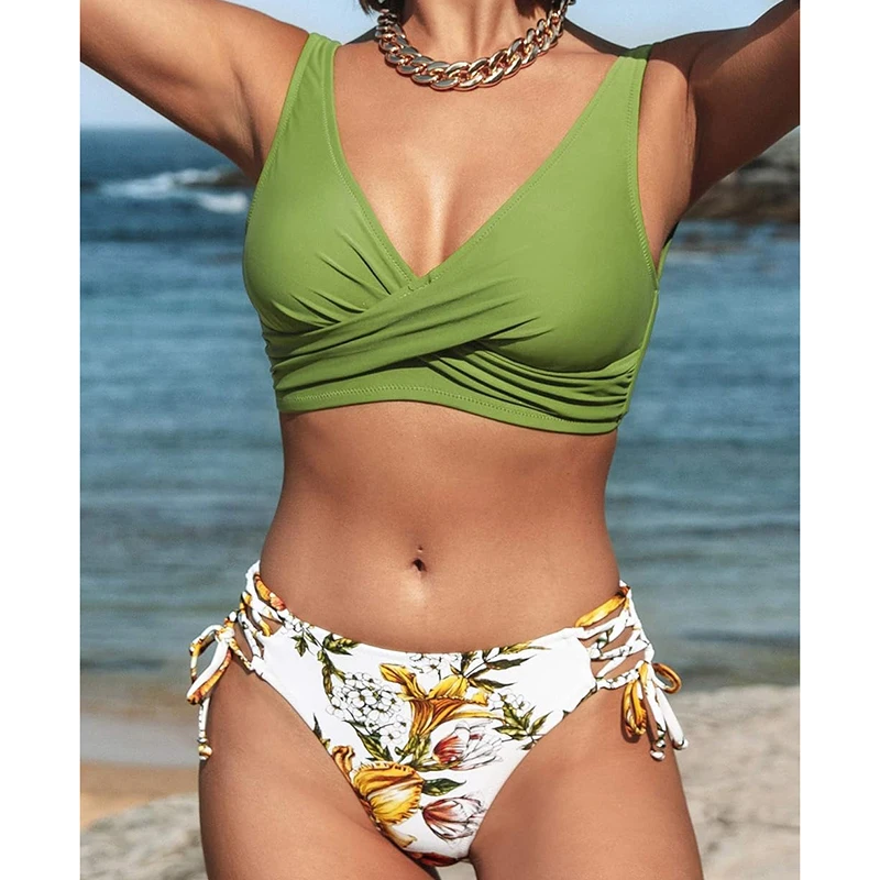 

Vintage Printing Bikini Set Women Swimwear Cross Pleated Backless Lace Up Bikini Push Up 2026 New Beach Two Piece Bathing Suit