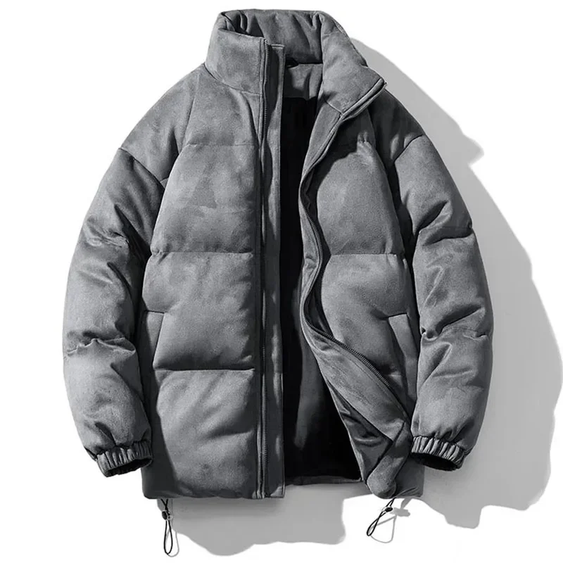 Puffer de camurça falsa monocromático masculino, jaquetas soltas, casacos parka retrô, streetwear, grosso, bolha, vintage, quente, inverno