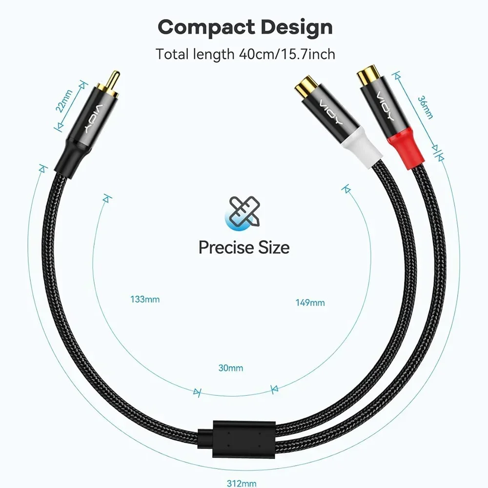 RCA Y-Splitter Extension Cord (2 Packs) 1RCA To 2RCA Stereo Audio Y-Adapter Subwoofer Cable for TV CD Player Home Theater Etc