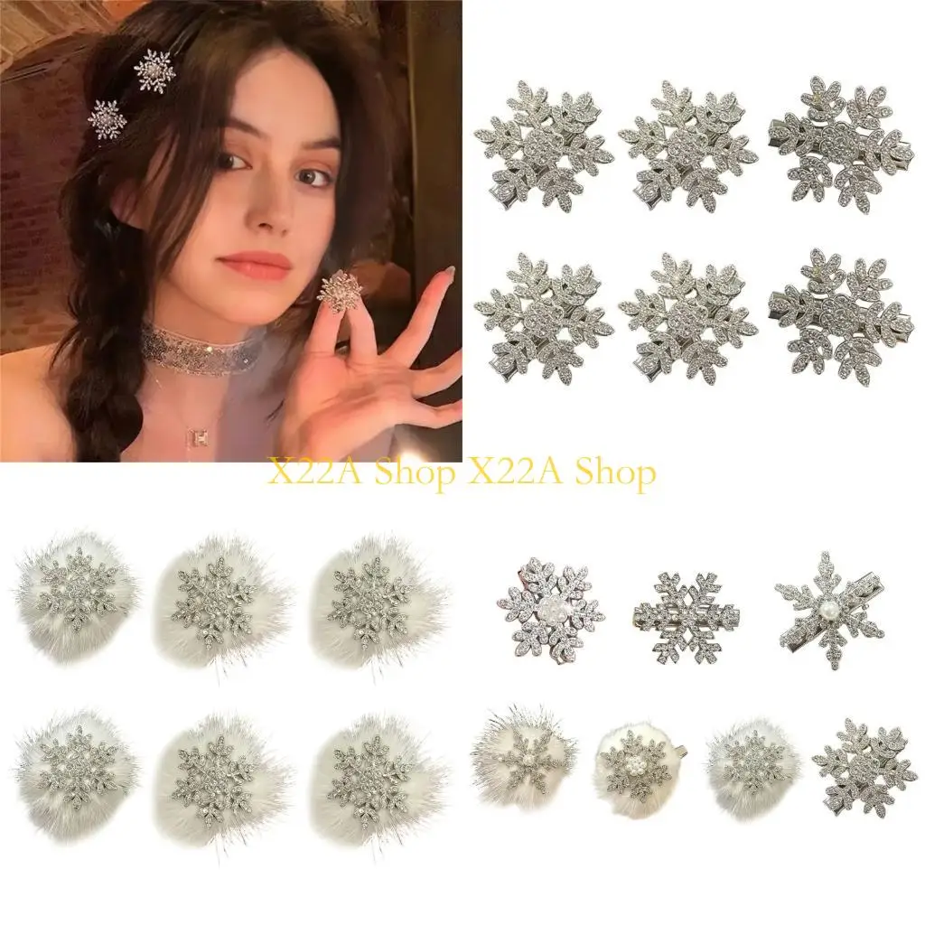 

Unique 6xAdorable Snowflake Hairpin Rhinestones Pearls Detail Lightweight Party Wear