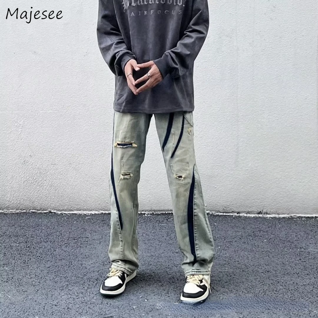 

Ripped Jeans Men Panelled Vintage Stretchy Personality American Style All-match Handsome Students Daily Full-length Pantalones