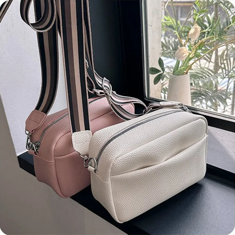 Lychee Pattern Solid color PU Crossbody bag Summer Wide Shoulder Strap bag Women's Travel Single Shoulder small Square bag