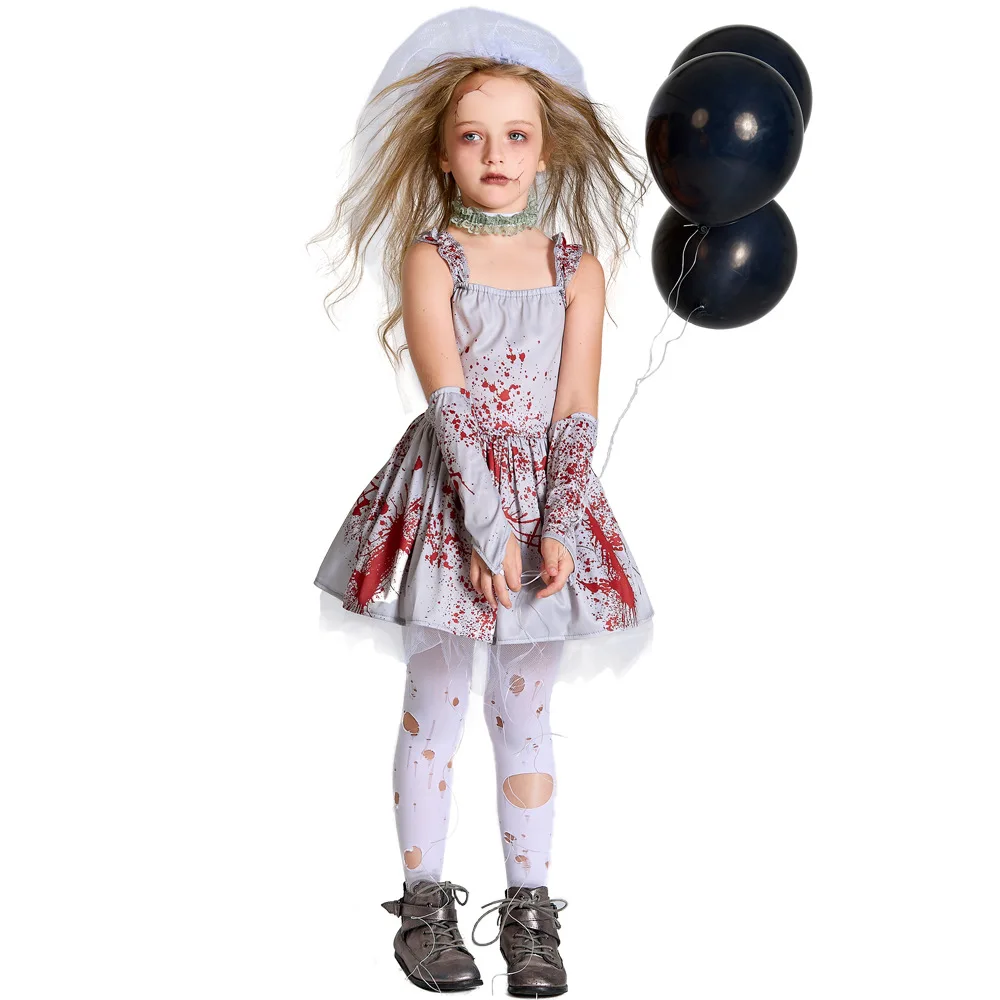 Halloween Costume Child Adult Scary Grey Bloodstained Ghost Bride Masquerade Ball Dress Sexy Sling Tutu Sets for Girls 2024 New