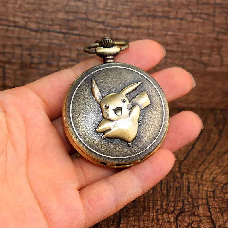 Pokemon Bronze Large pocket watch Pikachu Slim chain clamshell student Pocket watch Graduation gift Children's cartoon pocket wa