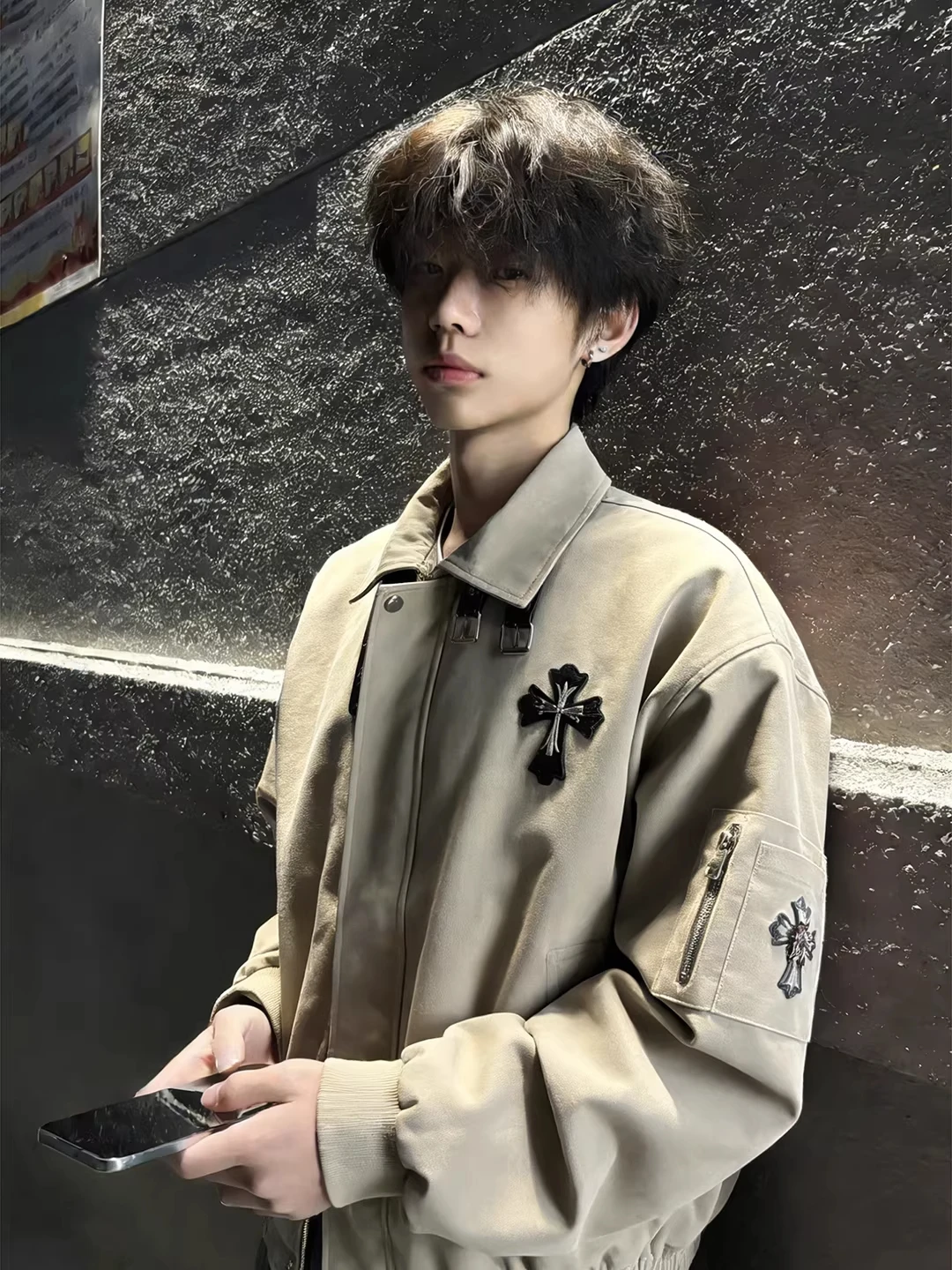 

ey Cross PU Leather Jaet Men's Sle Spring High Street Vibe American Baseball Coat Flight Outerwear Casual Loose Fit