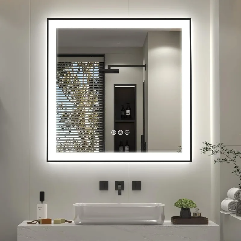 30x30 LED Mirrors with Matte Black Frame for Bathroom Wall, Lighted Vanity Mirrors with Lights, Dimmable