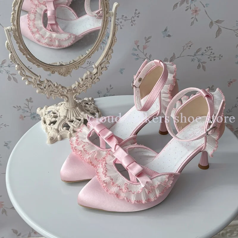 

Pink Satin Wrapped Pointed Toe Sweet Sandals Pleated Mesh Cross Strap Bow Decor Stiletto Sandals Princess Fairy Dress Sandals