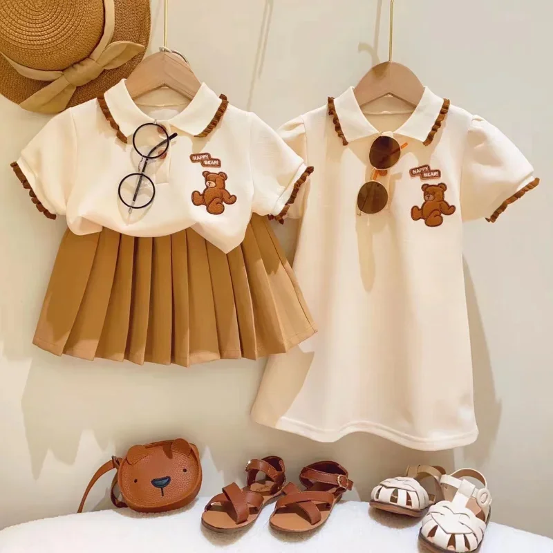 2024 Summer Korea Kids Clothes for Girls Cute Bear Polo T-shirt + Pleated Skirt 2 Piece Suit Baby Girls Strawberry Polo Dress