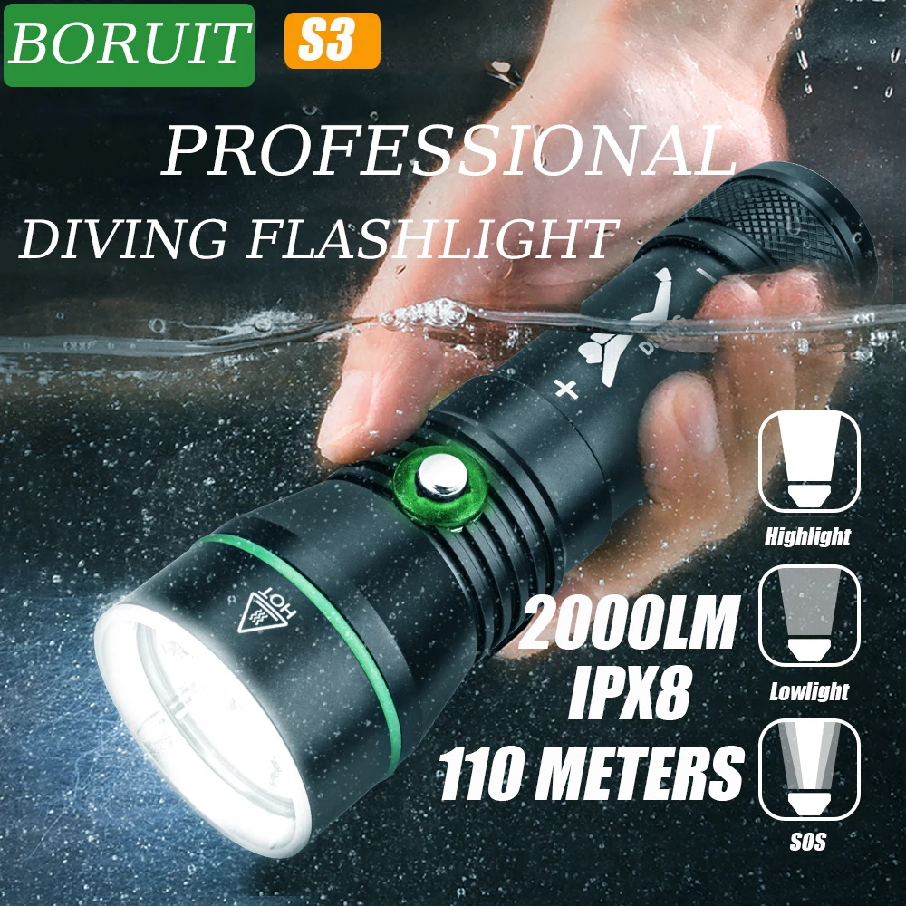 BORUiT S3 Diving Flashlight 2000LM Underwater 110M Professional Scuba Diving Light IPX8 Waterproof 18650/21700 Diving Lantern