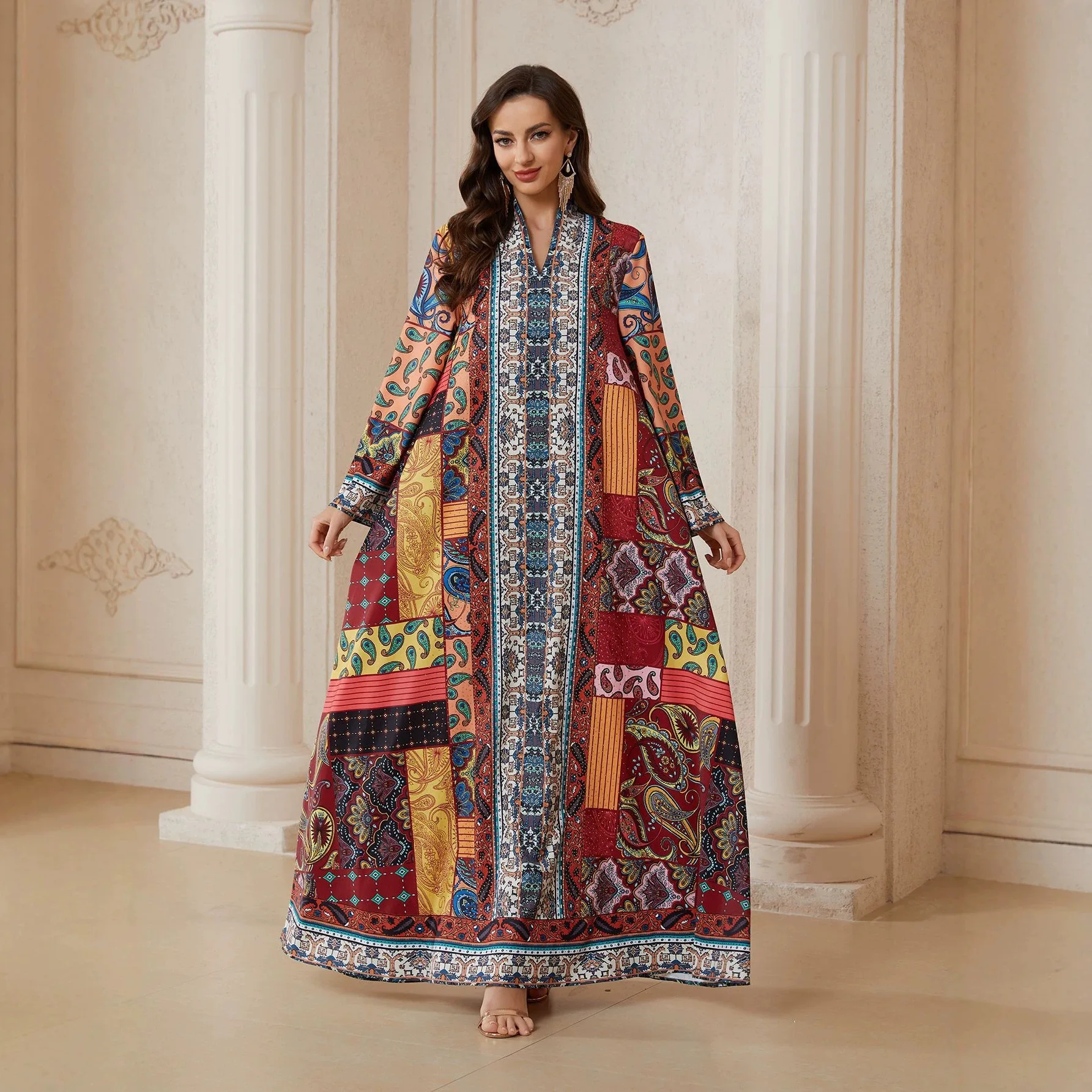 

Bx34 2026 Summer New Women's Fashion Printed Dress With Rhinestone Embellishments, Stylish New Ethnic Robe Islam Elegant