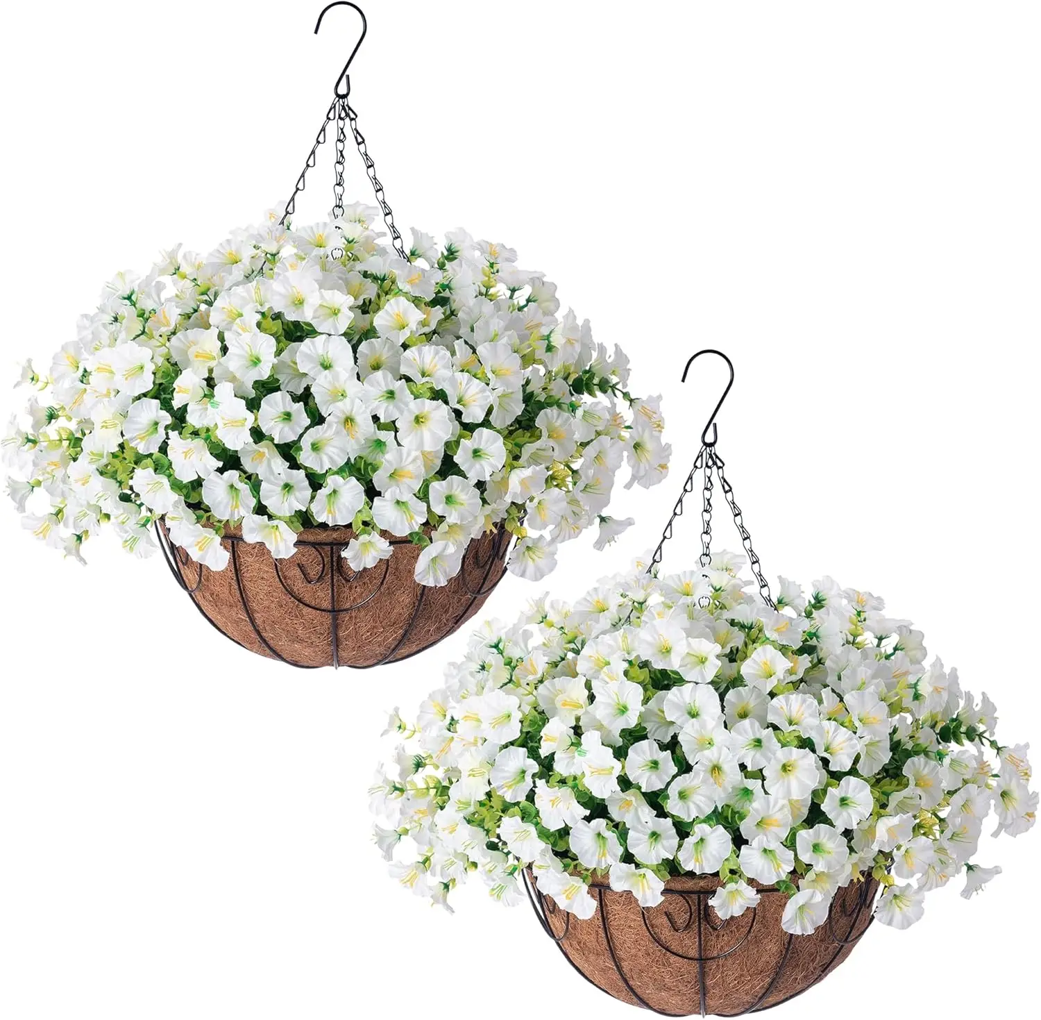 

2 комплекта искусственных подвесных цветочных корзин, 24 шт. УФ-стойких белых цветов ипомеи с кашпо для декора веранды и патио на открытом воздухе