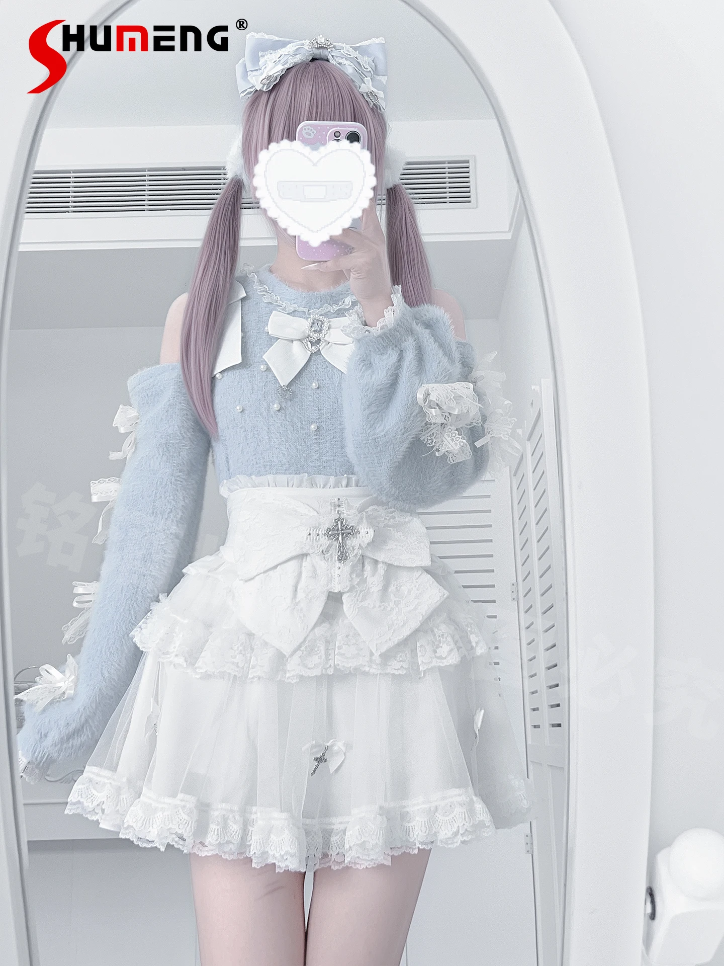 

Japanese Subculture Long Sleeve Cute Bow Sweater Knitted Top Autumn 2025 Girls High Waist Skirt 2-Piece Mine Lolita Outfit 2025