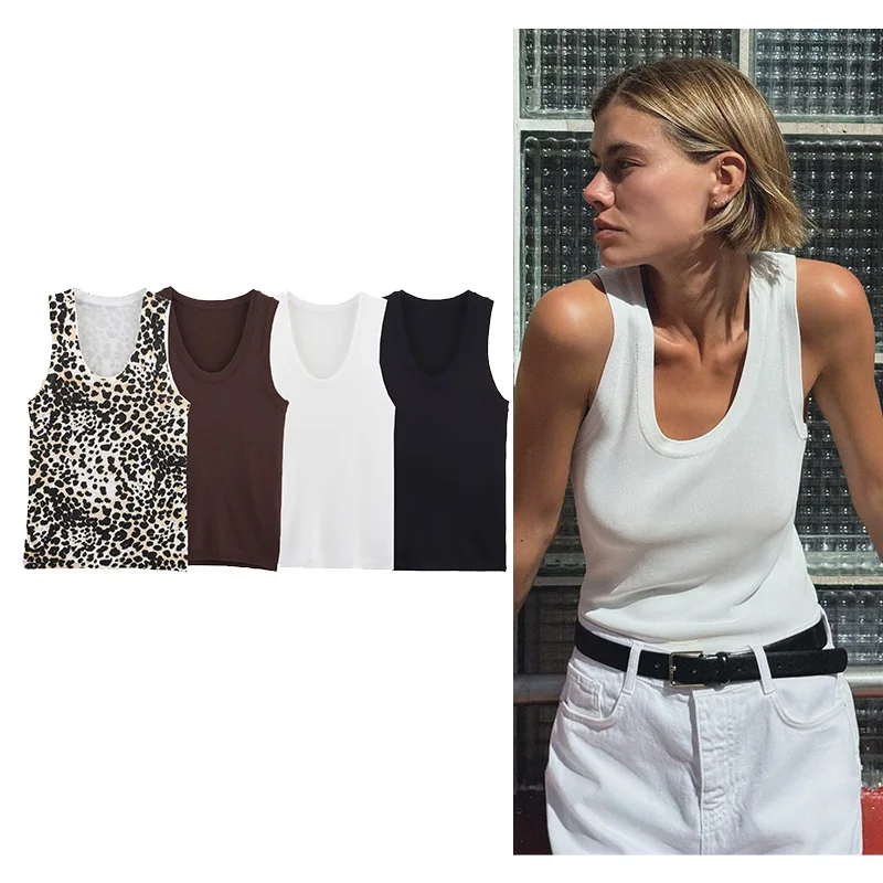 

TRAF Women Plain Knit Top Spring High Street O Neck Tank Top Sleeveless Casual Women Tops
