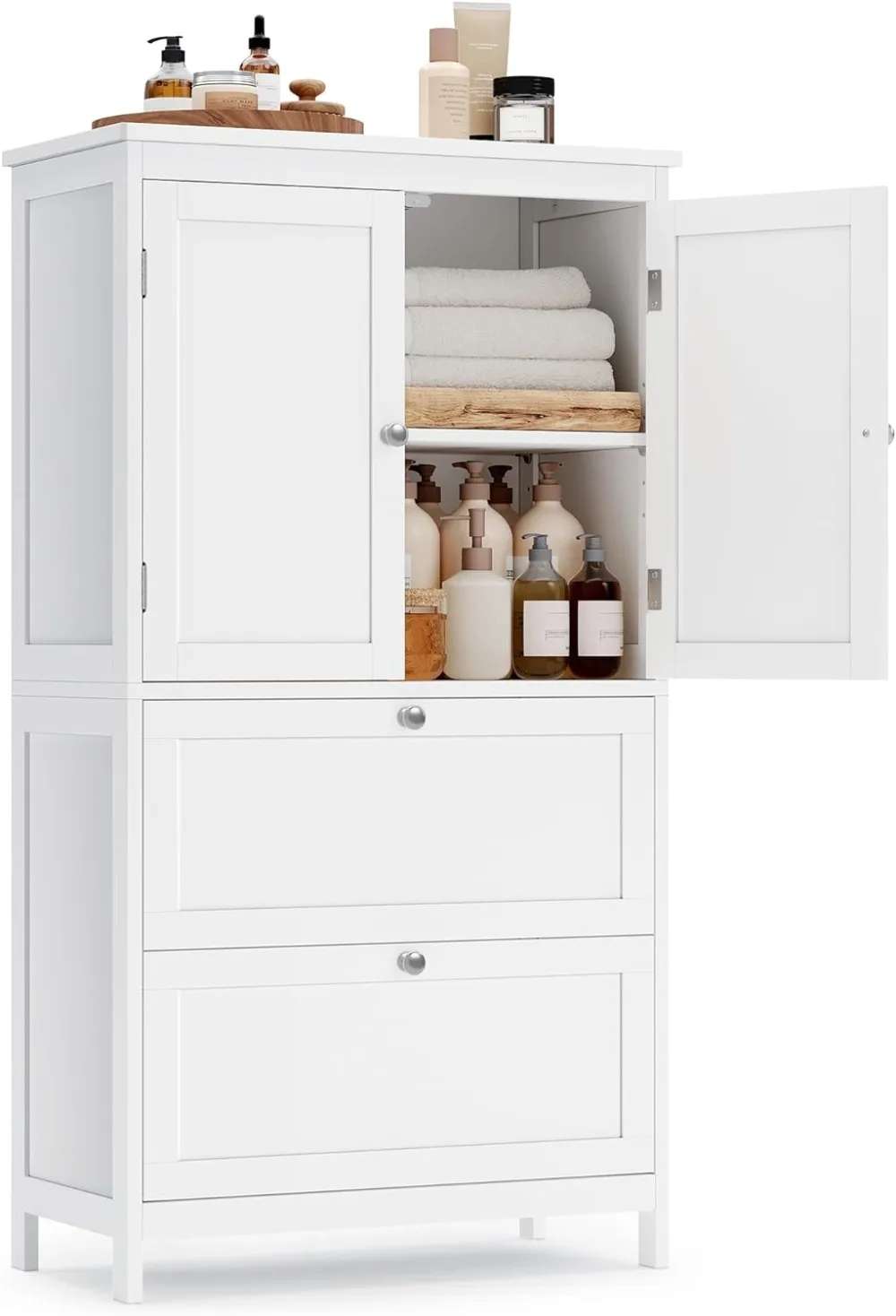 

Bathroom Floor Storage Cabinet, Bathroom Storage Unit, Freestanding Cabinet with 2 Drawers and 2 Doors, Adjustable Shelf,White