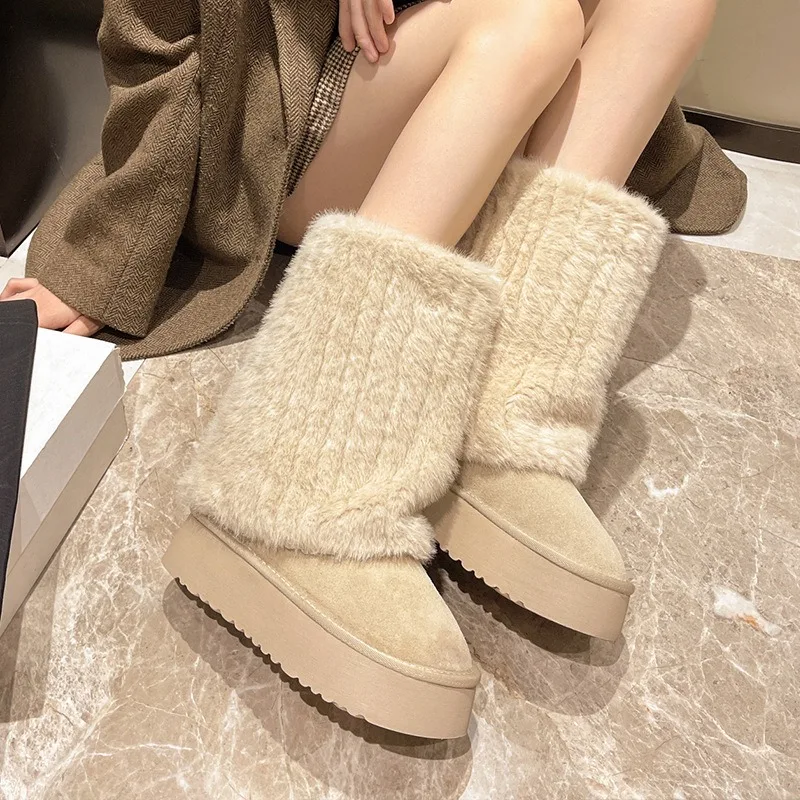 2024 New Chunky Boots Thickened Snow Boots for Woman Fur Plush Long Boots Lolita Shoes Designer Socks Shoes Women Incressed Boot