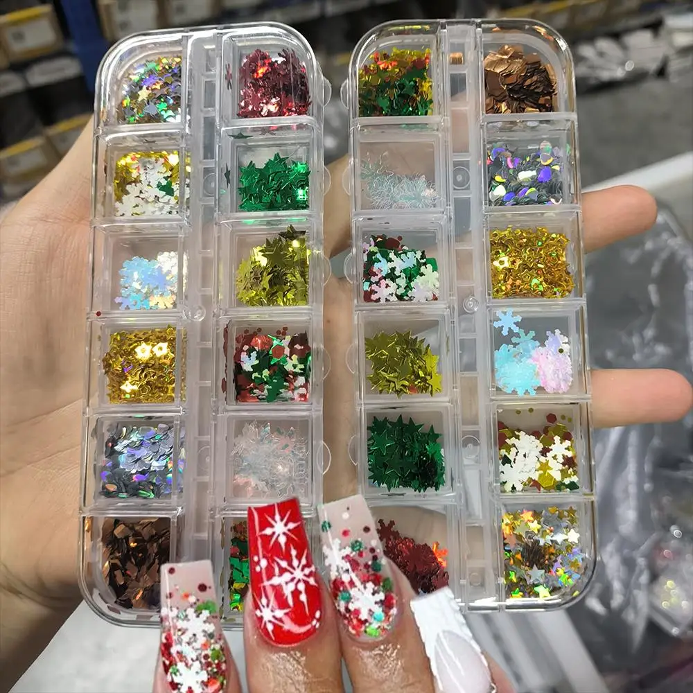 12 Gitter 3D Bunte Weihnachten Schneeflocken Nagel Pailletten Holo Gemischter Weihnachtsbaum, Herz, Sternflocken Nail Art Dekorationen Nagelzubehör
