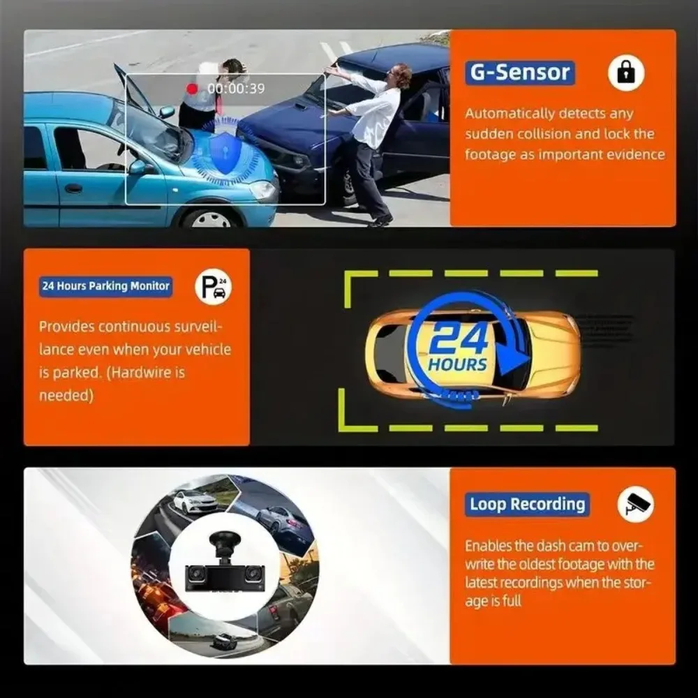 4 Channel 1080P Dash Cam 360° Full View Rotatable Lens Night Vision Loop Recording Collision Lock Reverse Display Car Cam