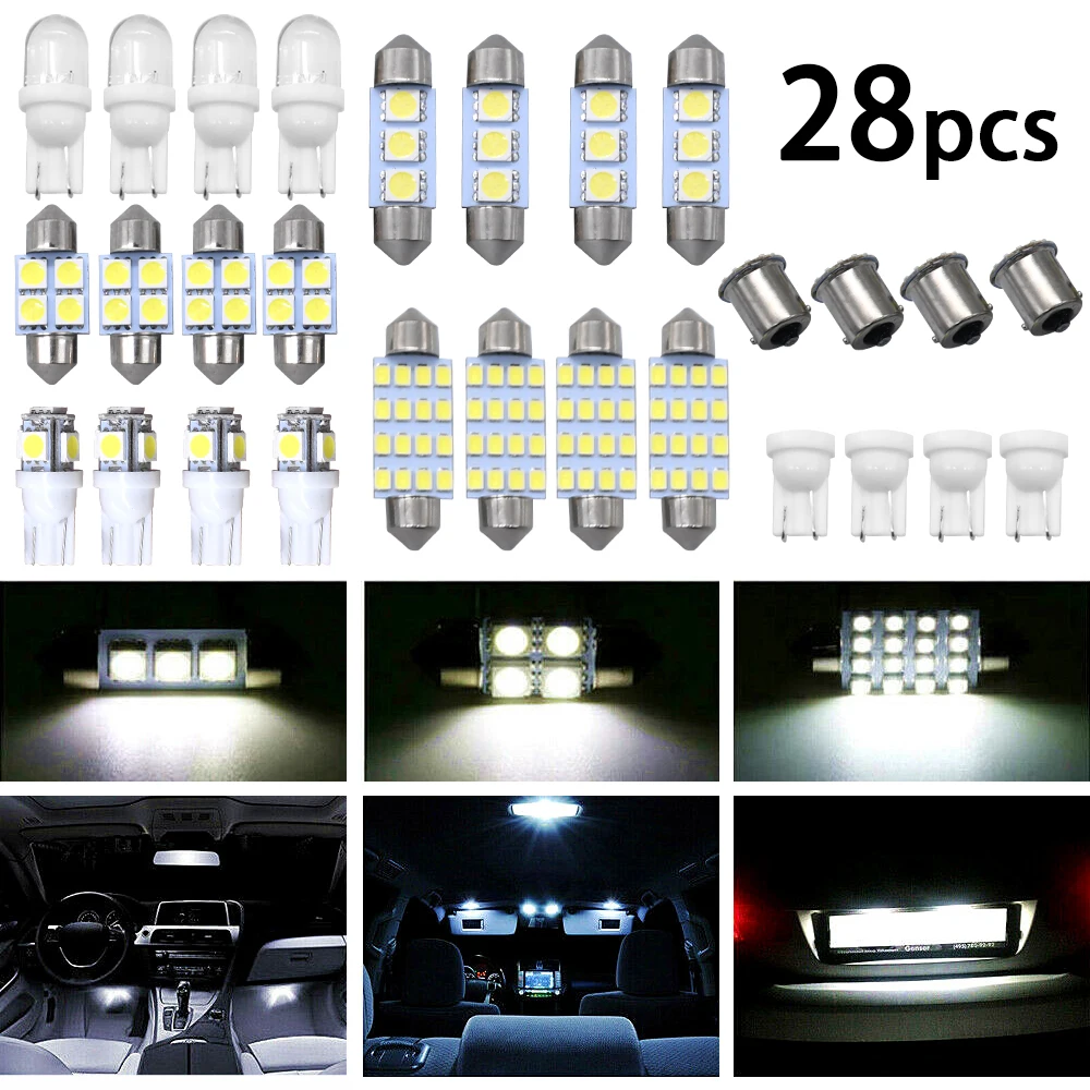 28Pcs Car Interior White LED Light Mini Bulbs Mixed Kit 6000K Canbus Auto Dome Reading Footwell License Plate Lamp Accessories