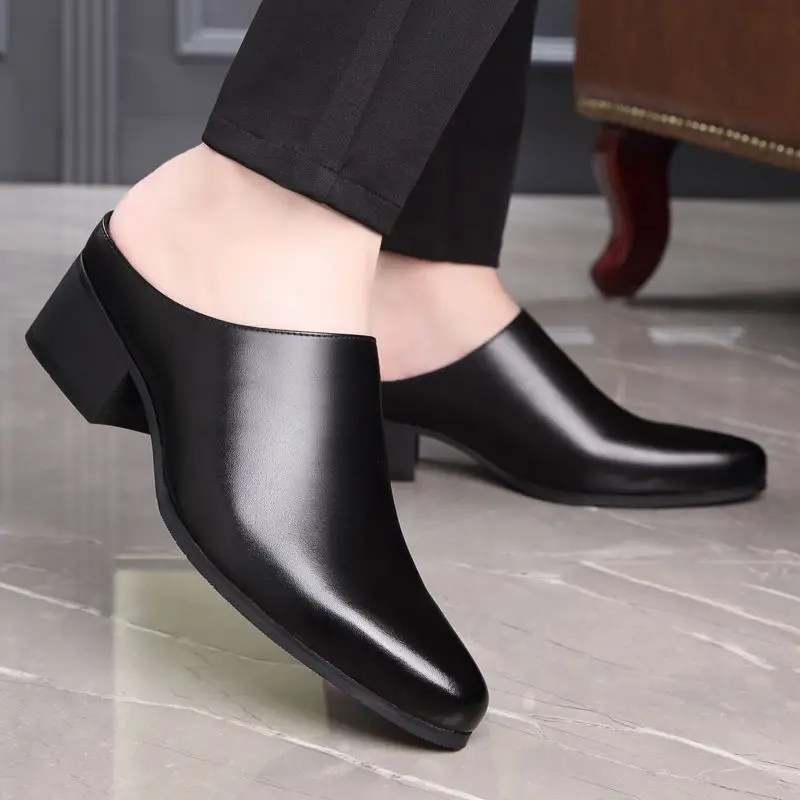 Pointed Men's Sandals Business Casual Dress High Heel Without Heel Leather Shoes Fashion Versatile Bag Head Tide Slippers - view 5