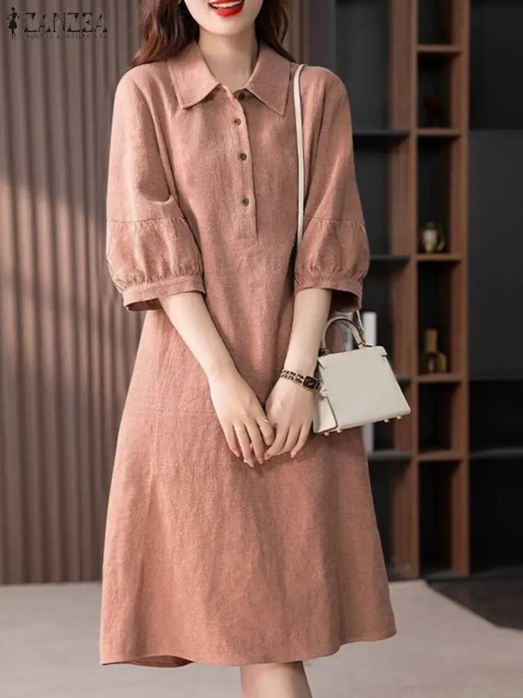 ZANZEA Women Cotton Shirt Dress 2024 Summer Lapel Neck Dresses Korean Office 3/4 Sleeve Midi Vestidos Elegant Solid Buttons Robe