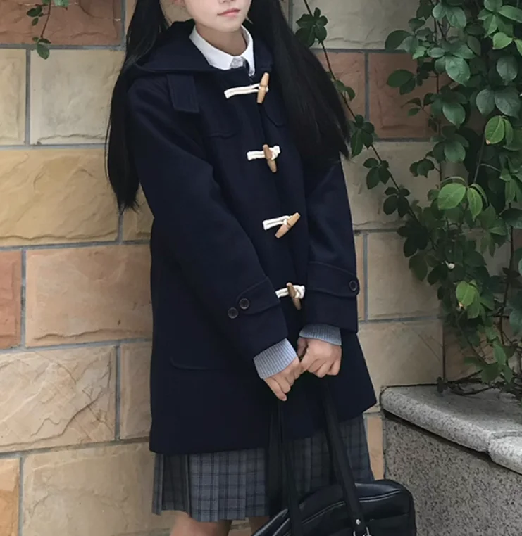 Autumn New Jk College Chic Horn Buckle Age-reducing Hooded Coat Women Sweet Japanese Thickened Medium Long Woolen Jacket