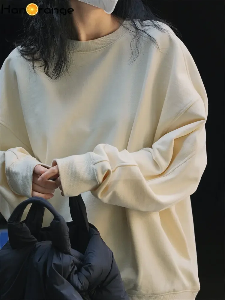 HanOrange 2025 أوائل الربيع صورة ظلية بسيطة س الرقبة القطن البلوز المرأة فضفاضة رداء علوي غير رسمي البلوز أوف وايت/رمادي داكن