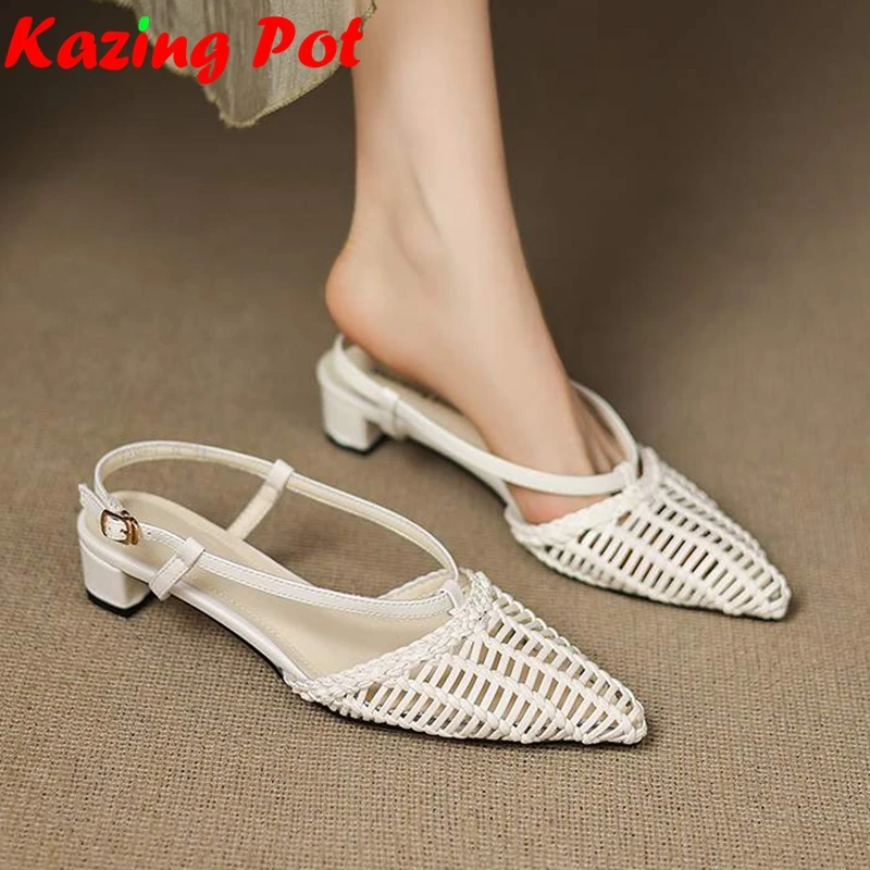 Krazing Pot Microfiber Shallow Pointed Toe Low Heels Vintage Superstar Weaving Style Daily Wear Slingback Gladiator Women Pumps