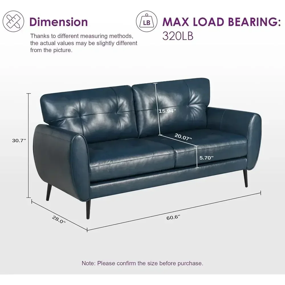 61 Small Loveseat Couch, 2-Seat Leather Settee for Living Room or Bedroom Spaces, Blue