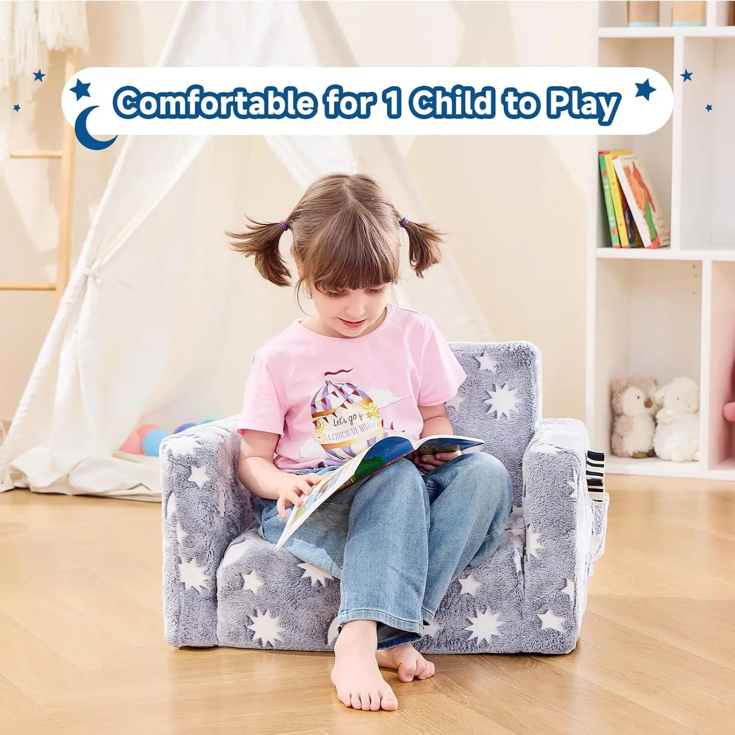 Chair, Toddler Couch, Kids Couch, Kids Sofa Chair 2 in 1, Comfy Toddler Chair Folding Out for Boys, Girls, Glow in The D