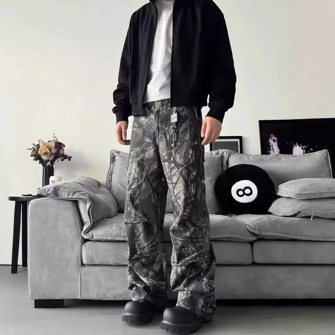 

Ретро-камуфляжные свободные мужские рабочие брюки прямого кроя, повседневные брюки со средней посадкой, хлопковые, в корейском стиле, молодежная модная рабочая одежда