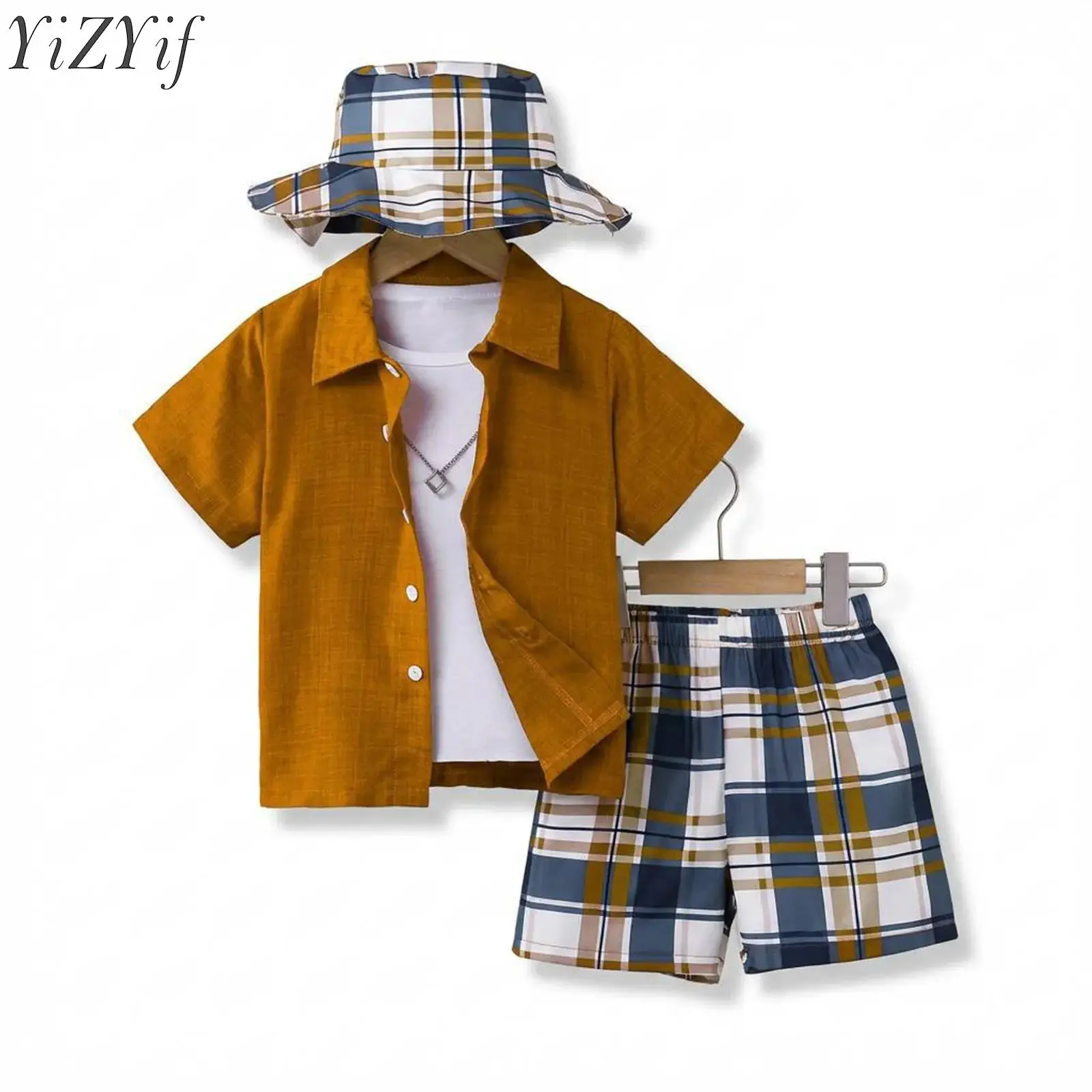 

Kids Boys Casual Sets Holiday Shirt Shorts and Hat Outfits Short Sleeve Button Down Shirt Plaid Shorts and Daily Wear Weekend