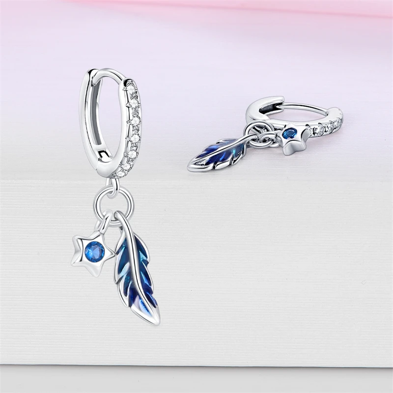 Original 925 argent bleu Zircon capteur de rêves plume étoile lune mignon griffe boucles d'oreilles pour les femmes beaux bijoux d'anniversaire cadeaux