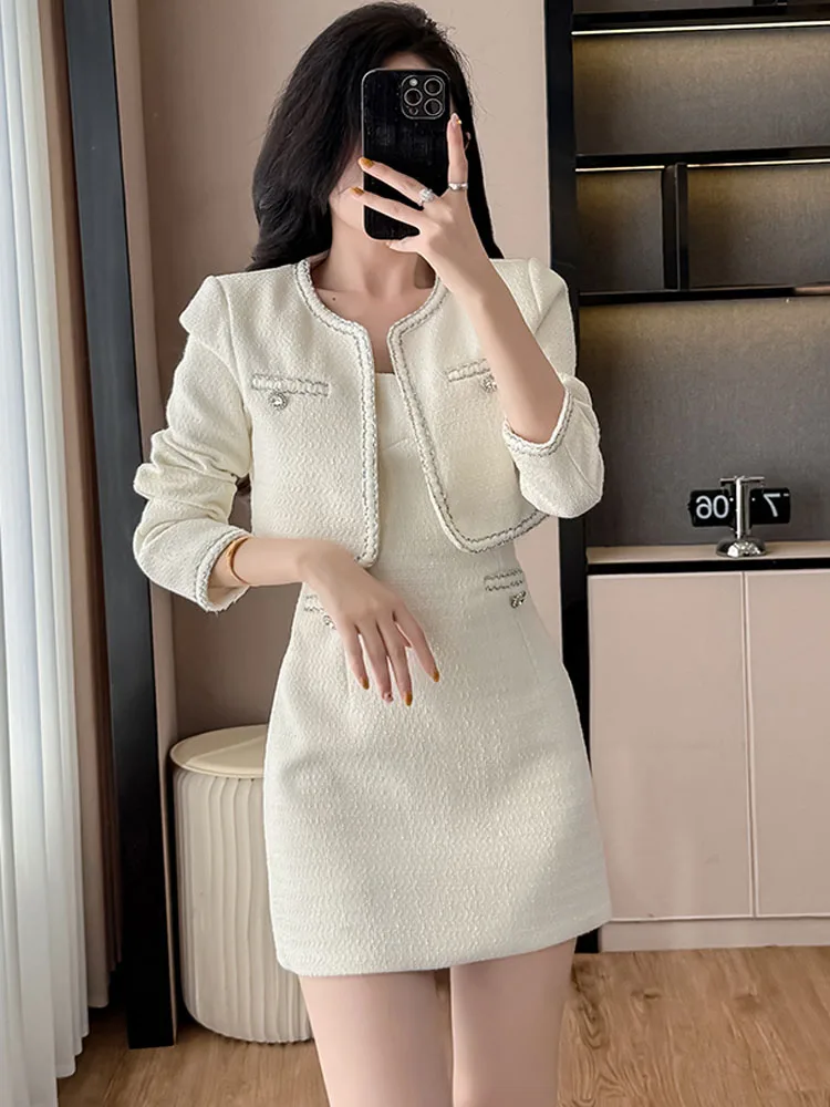 

Small Fragrance Autumn Elegant Tweed Office Temperament Two Piece Set Long Sleeve Crop Top + Sexy Bodycon Mini Dress Suits