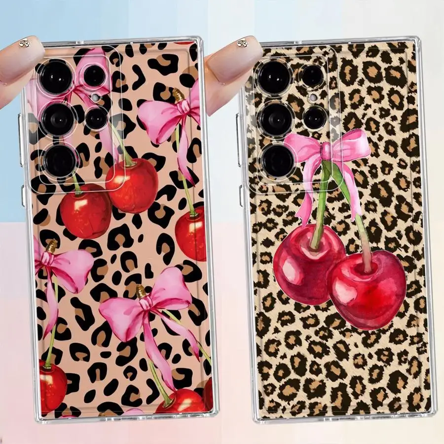 Case for Samsung Galaxy S26 S24 S22 FE S25 Edge S23 Ultra Note 20 Ultra 10 S21 S20 Plus Phone Cover Leopard-patterned Cherry